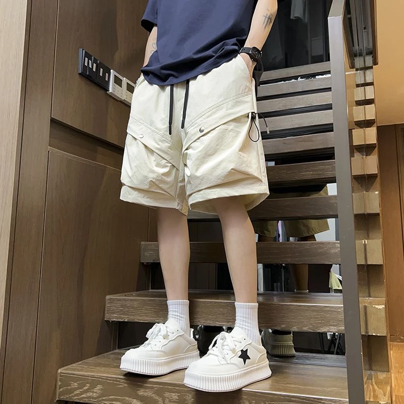 美式潮牌高街夏季薄款抽绳速干伞兵中裤子五分裤宽松工装短裤男士