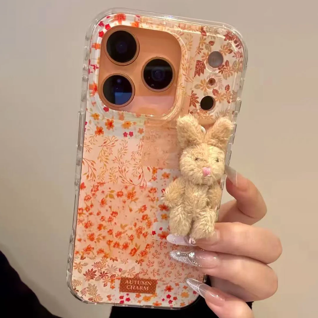 唯美ins拼色橙色碎花毛绒兔子适用iPhone17promax手机壳16pro可爱