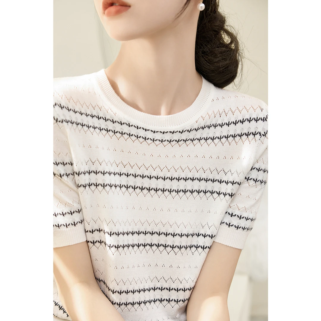 夏季新款舒适透气圆领短袖t恤女条纹薄款冰丝宽松显瘦针织衫上衣