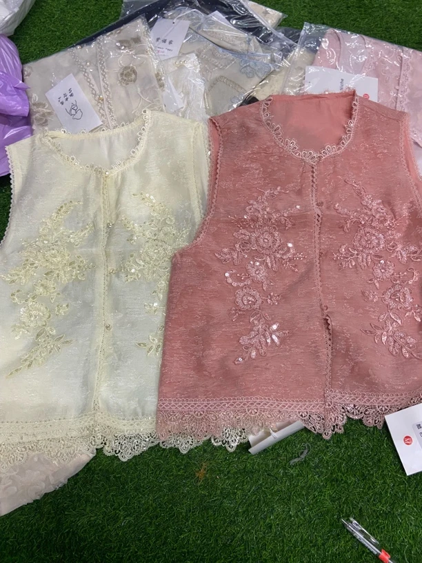 花纹无袖短款圆领薄款刺绣上衣时尚夏季秋季提花春款重工国风