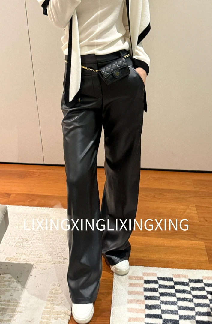 LXX【阔腿直筒皮裤】蛋白皮秋季极简风休闲裤轻奢复古春秋显瘦高腰