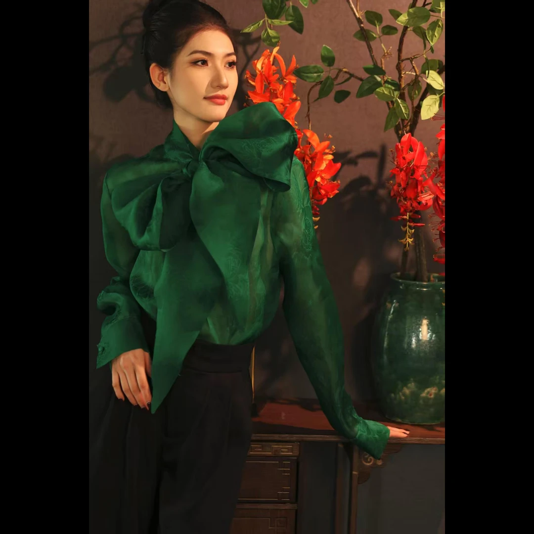 【长岛·假日】XM轻奢春夏气质设计师款真丝绡提花优雅女士长袖上衣