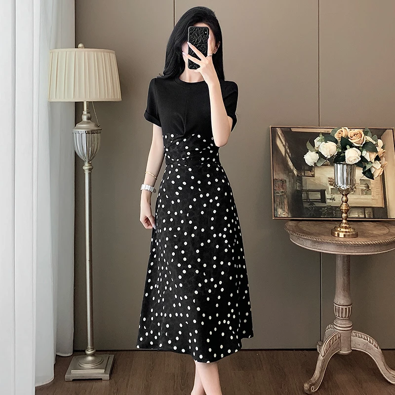 巨好看波点连衣裙女夏季洋气减龄女神范气质通勤显瘦拼接中长裙子