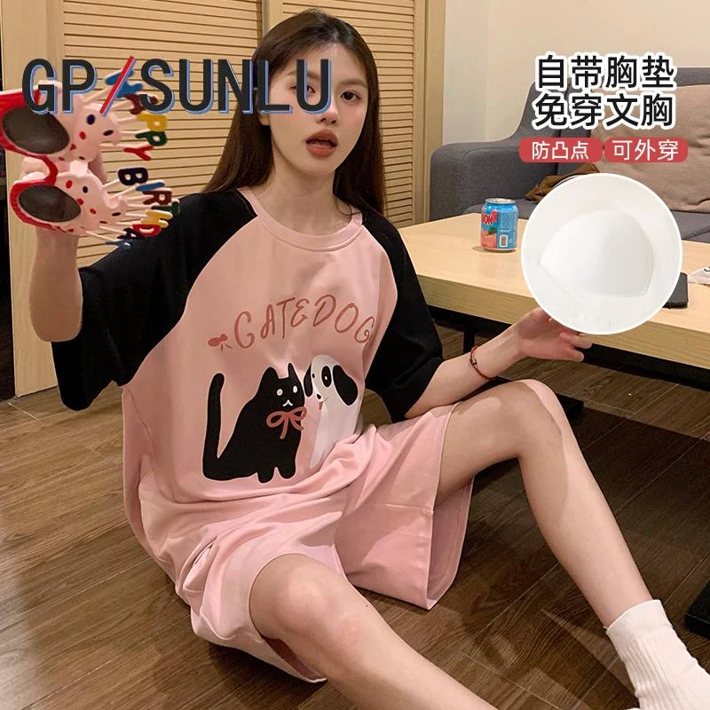 日本小众GP带胸垫睡衣少女夏季短袖卡通大码家居服两件套夏天可外