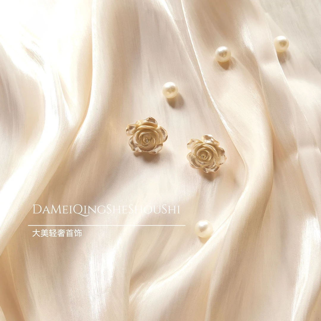 铜合金锆石耳饰 大美  ▏【山茶花】油画山茶花耳饰 设计师轻奢小众