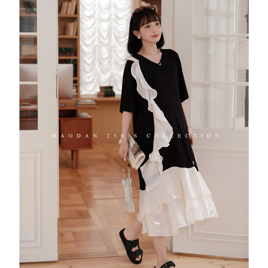 maodan/猫单【米斯画廊】孕妇装夏季拼接显瘦甜美长裙蕾丝常规短袖