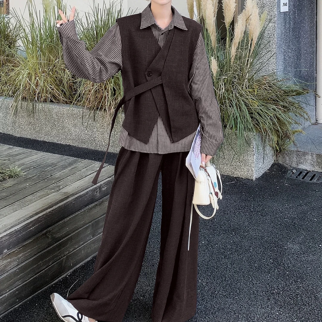 复古ins风马甲衬衫阔腿裤三件套秋季高级感气质韩系套装大码女装