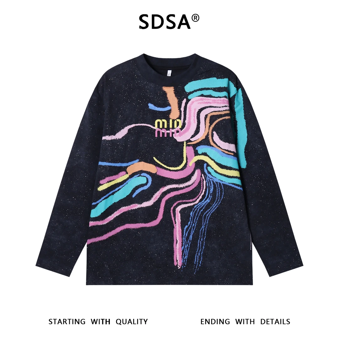 秋季高级感新款男士趣味彩色印花字母长袖T恤时尚轻奢宽松上衣