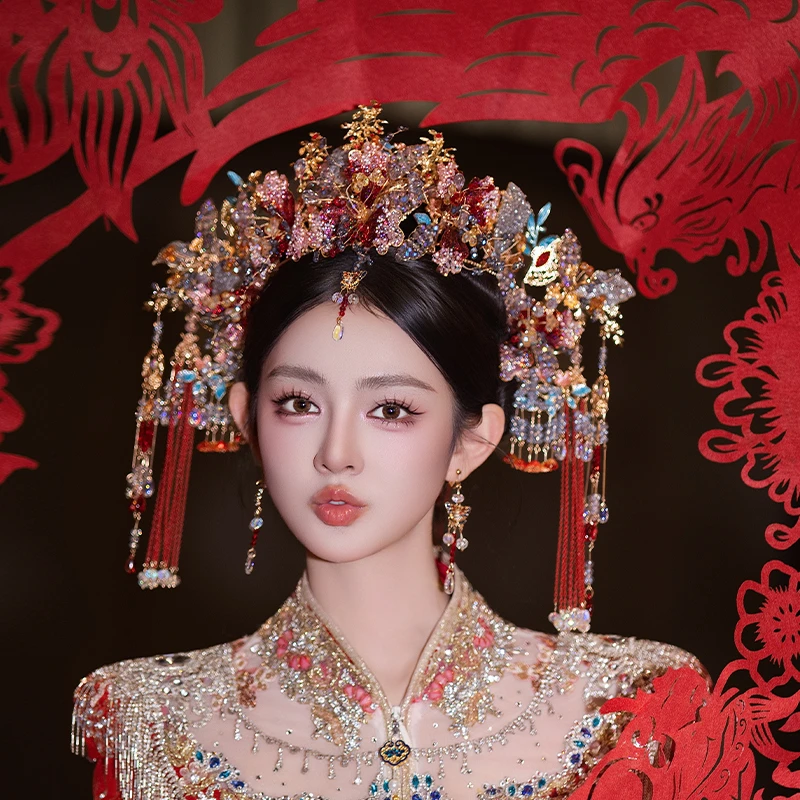 合金婚庆饰品 古风大气新娘秀禾服奢华中式蝴蝶凤冠头饰G0343