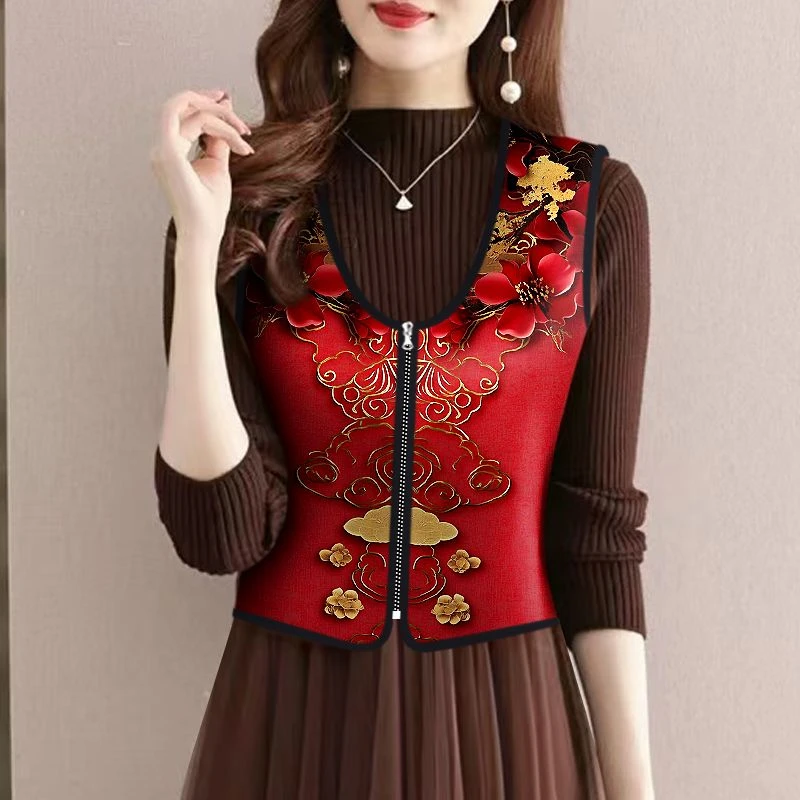 春秋季新款中老年防寒小外套薄款一绒内搭外穿贴身拉链印花马夹