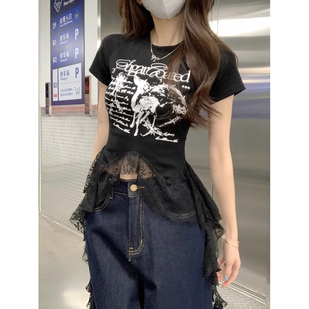 法式辣妹风蕾丝拼接短袖T恤女2025新款夏季修身显瘦字母印花上衣