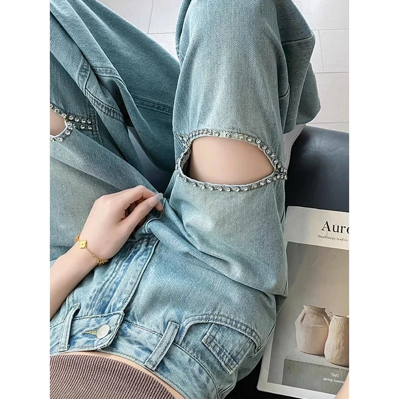 闪钻镂空破洞阔腿牛仔裤女春夏新款小众个性甜辣妹宽松直筒拖地裤