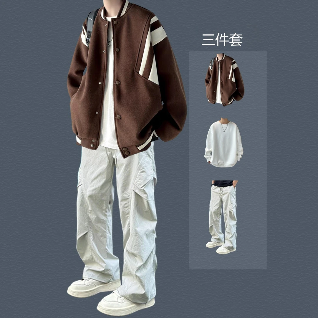 美式复古毛呢棒球服外套男生春秋季新款套装休闲男装一套韩版穿搭