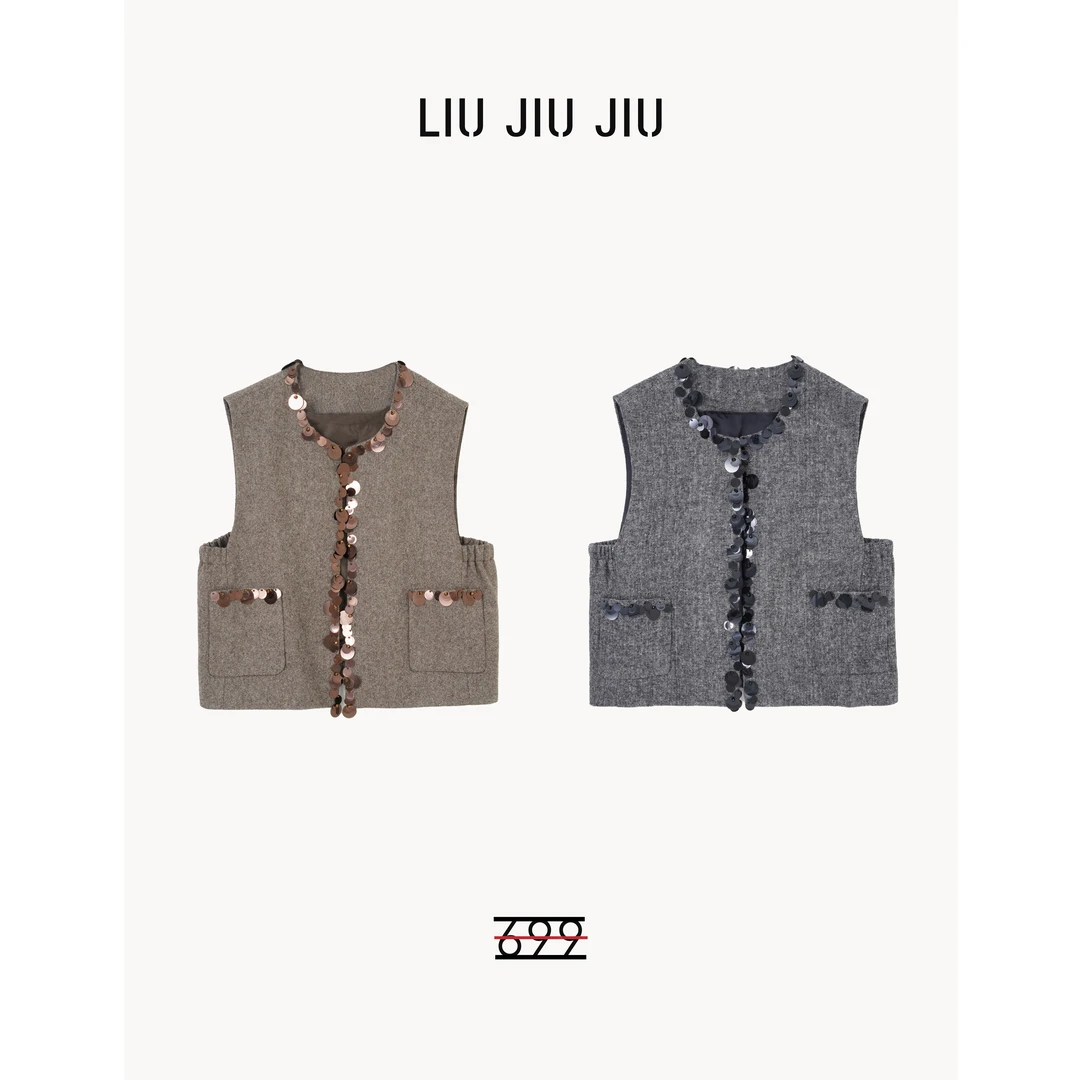 LIUJIUJIU 欧货轻奢时尚洋气圆领亮片高级小香风马夹MJ2560L