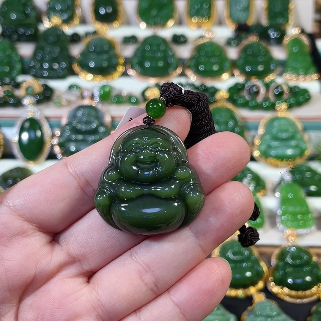 颈饰18K金镶嵌和田玉（碧玉）猫眼佛公35