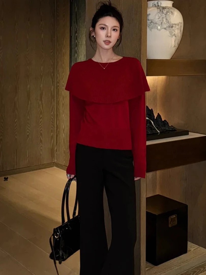 秋冬独特超好看上衣高级小众不撞款洋气软糯慵懒风红色披肩针织衫