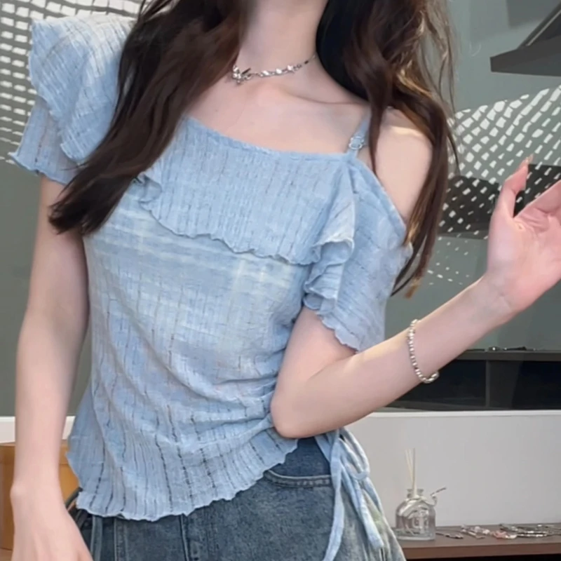 2025夏季新款甜美风荷叶边吊带斜肩罩衫设计感显瘦短袖上衣8547
