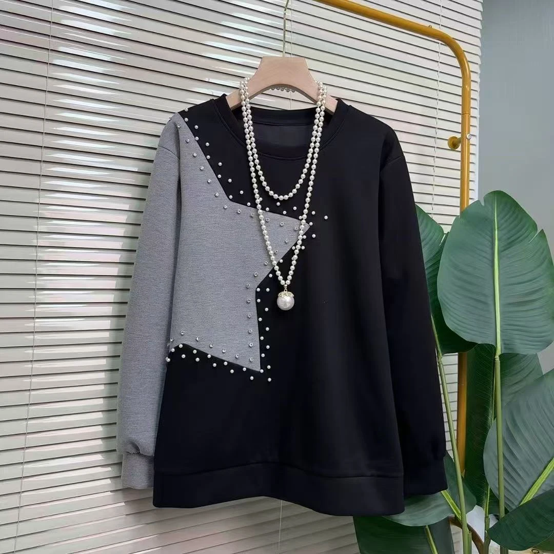 大码爆款秋冬气质百搭圆领休闲重工减龄拼接潮流上衣遮肉显瘦时尚