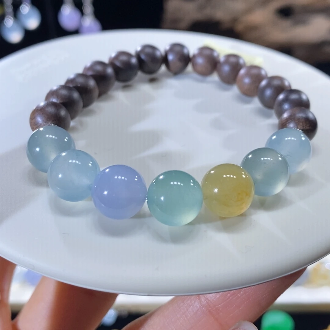 翡翠未镶嵌颈饰翡翠七彩圆珠手串10+mm