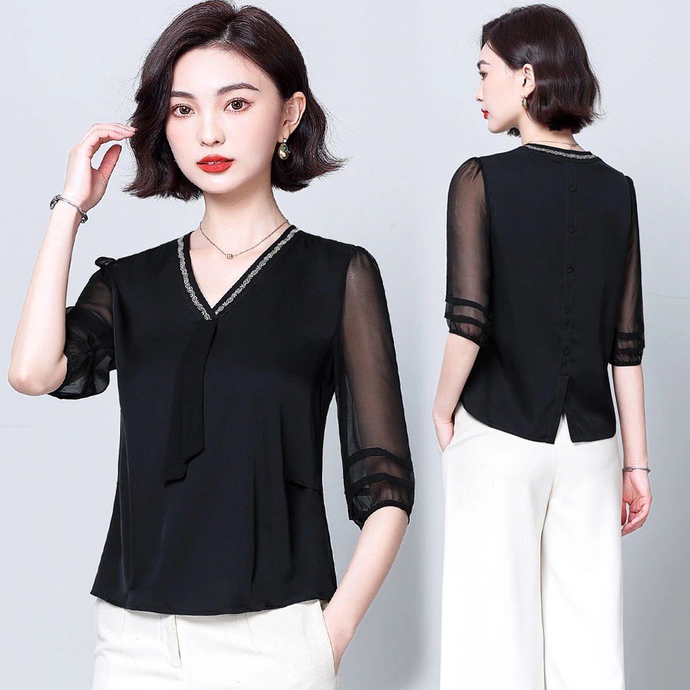 2025夏季新款减龄v领雪纺衫女短袖小衫显瘦遮肚子中袖上衣女洋气