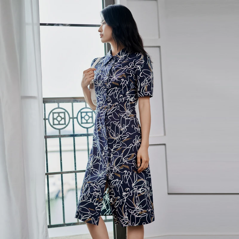 BuouBuou商场同款翻领衬衫式印花连衣裙女BKCG298