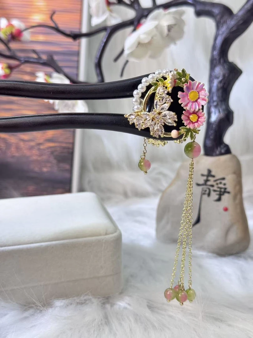 K265原创设计花好月圆13公分双钗发簪手工头饰国风簪子木发簪