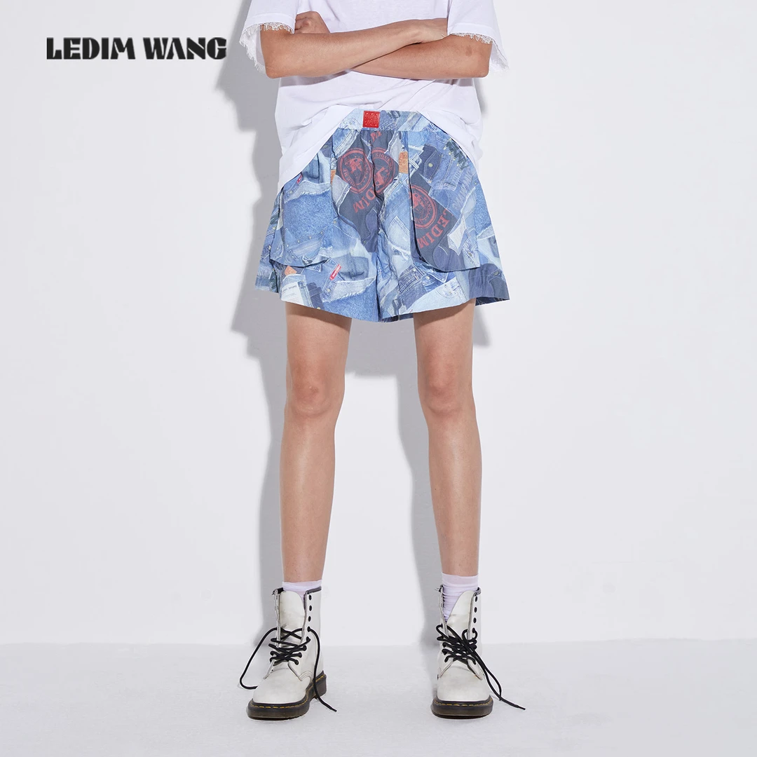 LEDIM WANG牛仔拼接印花松紧短裤