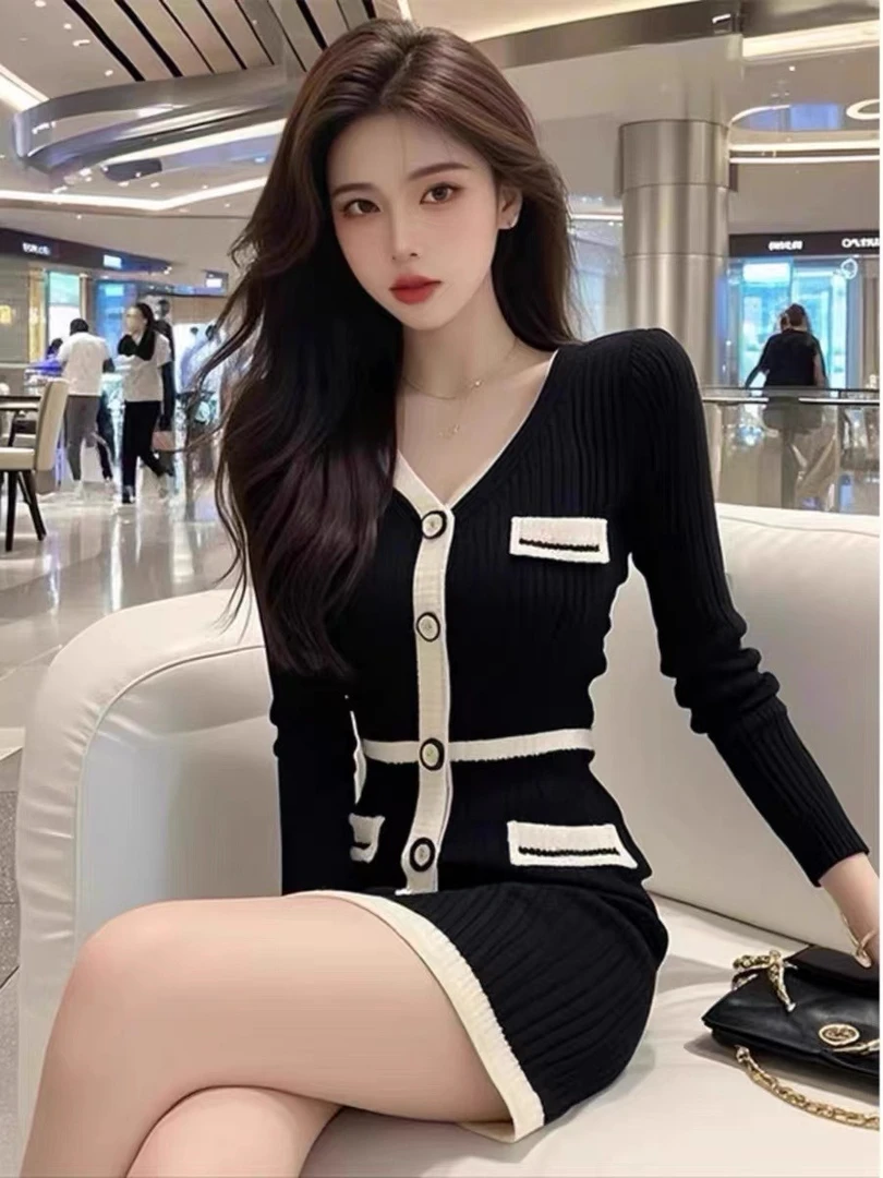 韩系甜美风小香气质复古条纹毛衣连衣裙2024年新款秋冬季女装