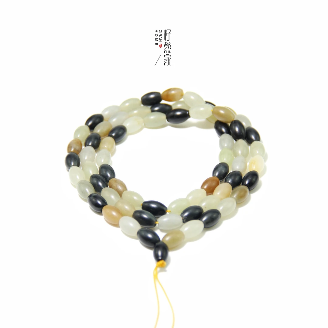 天然新疆和田玉楼兰三色米粒珠6mm长链多圈（多样性发其一）