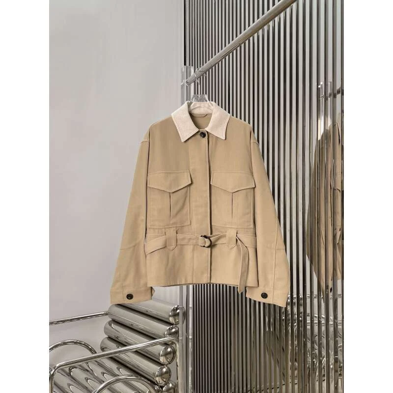 翻领亚麻外套 简约气质系腰带工装夹克外套