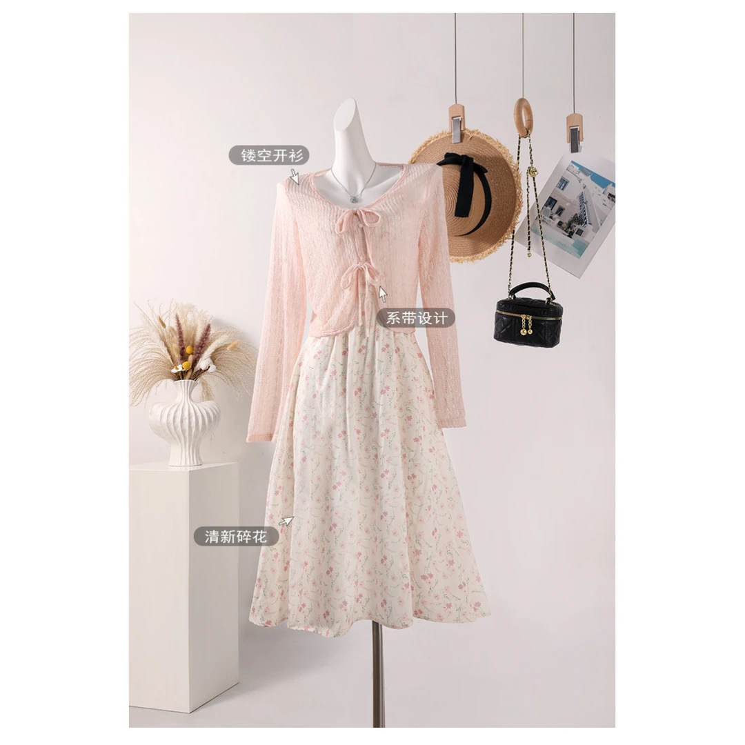 夏季法式连衣裙田园风粉色碎花修身掐腰吊带连衣裙温柔减龄套装