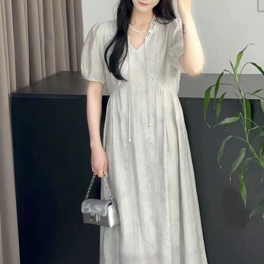 3578法式复古气质收腰连衣裙V领显瘦遮肚长款夏季裙子