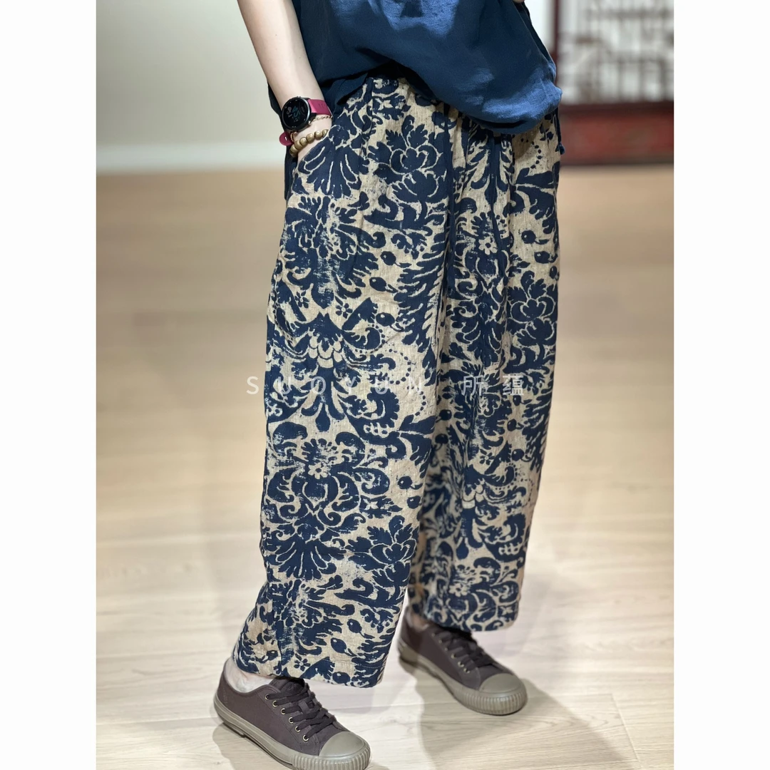 所蕴夏季新款亚麻印花阔腿裤时尚舒适大牌花色宽松休闲裤