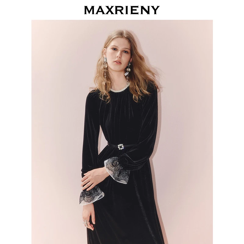 MAXRIENY复古赫本风丝绒连衣裙25秋款优雅感长袖蕾丝花边收腰长裙