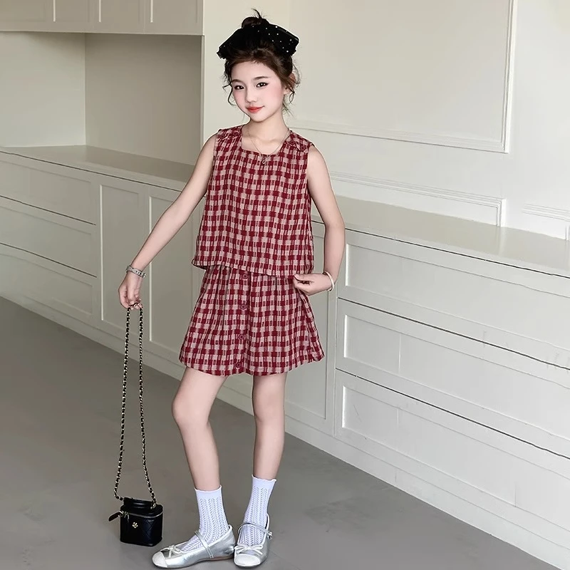 女童夏季红格子套装2025新款中大童洋气时尚娃娃衫短格子裙两件套