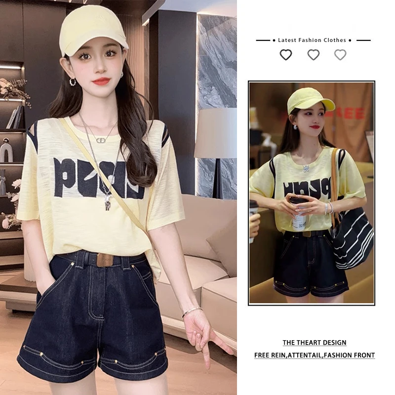 夏季套装女时尚独特字母印花露肩短袖T恤休闲显瘦牛仔短裤两件套