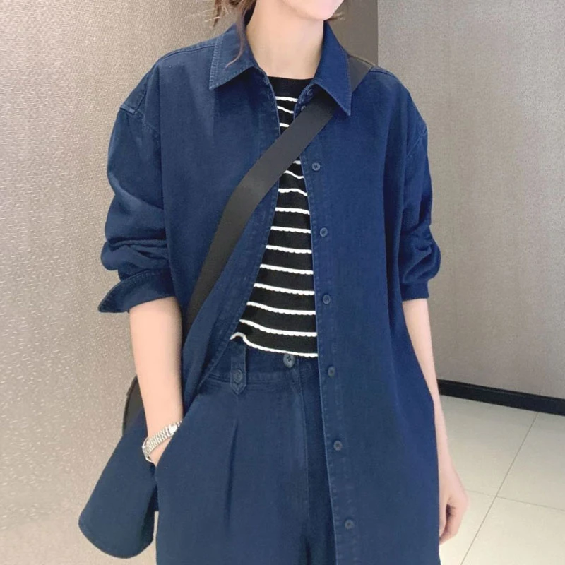 【商场同款】2025新款春夏气质百搭休闲宽松翻领女装长袖牛仔衬衫