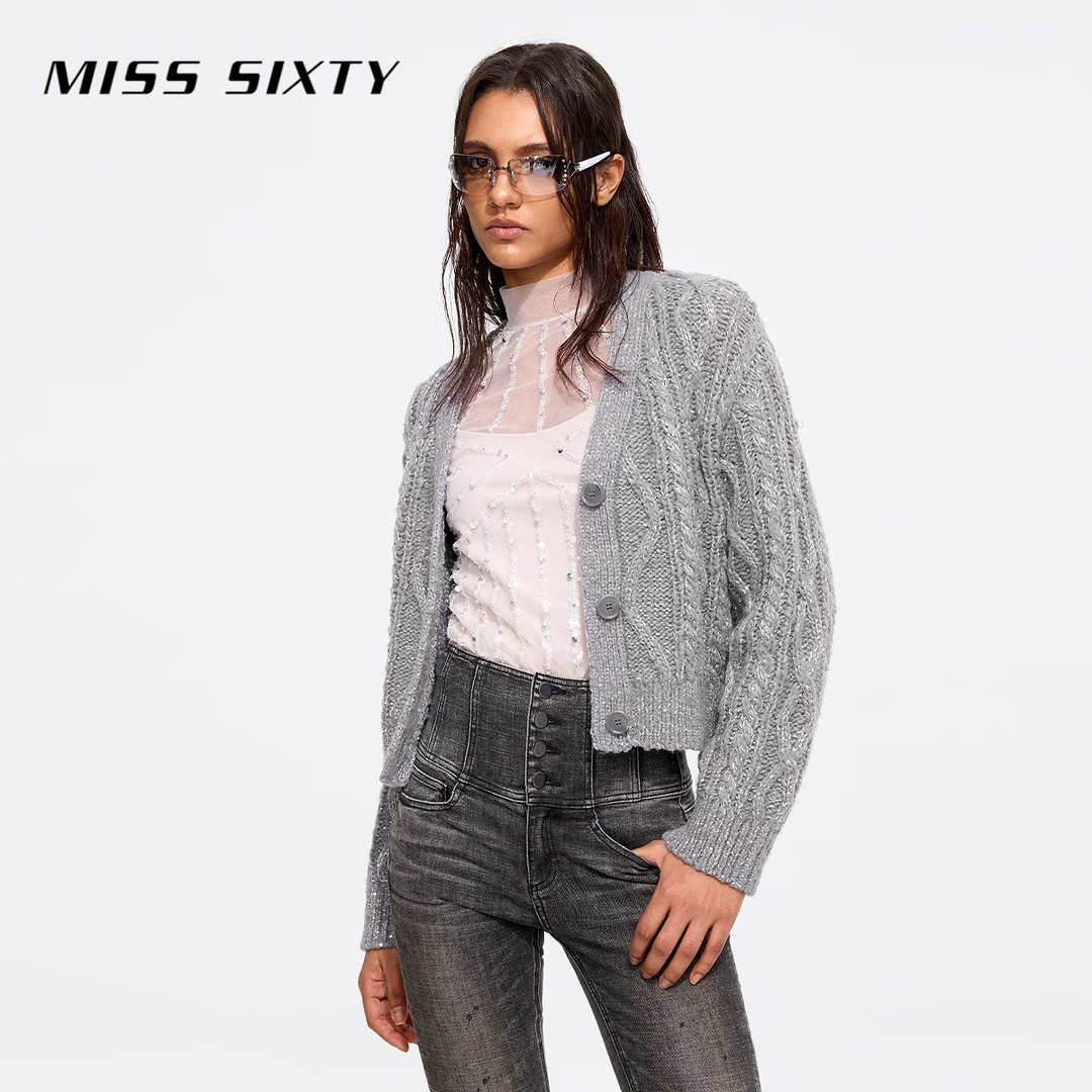 【商场同款新品】Miss Sixty2025秋针织外套V领复古格雷系慵懒风
