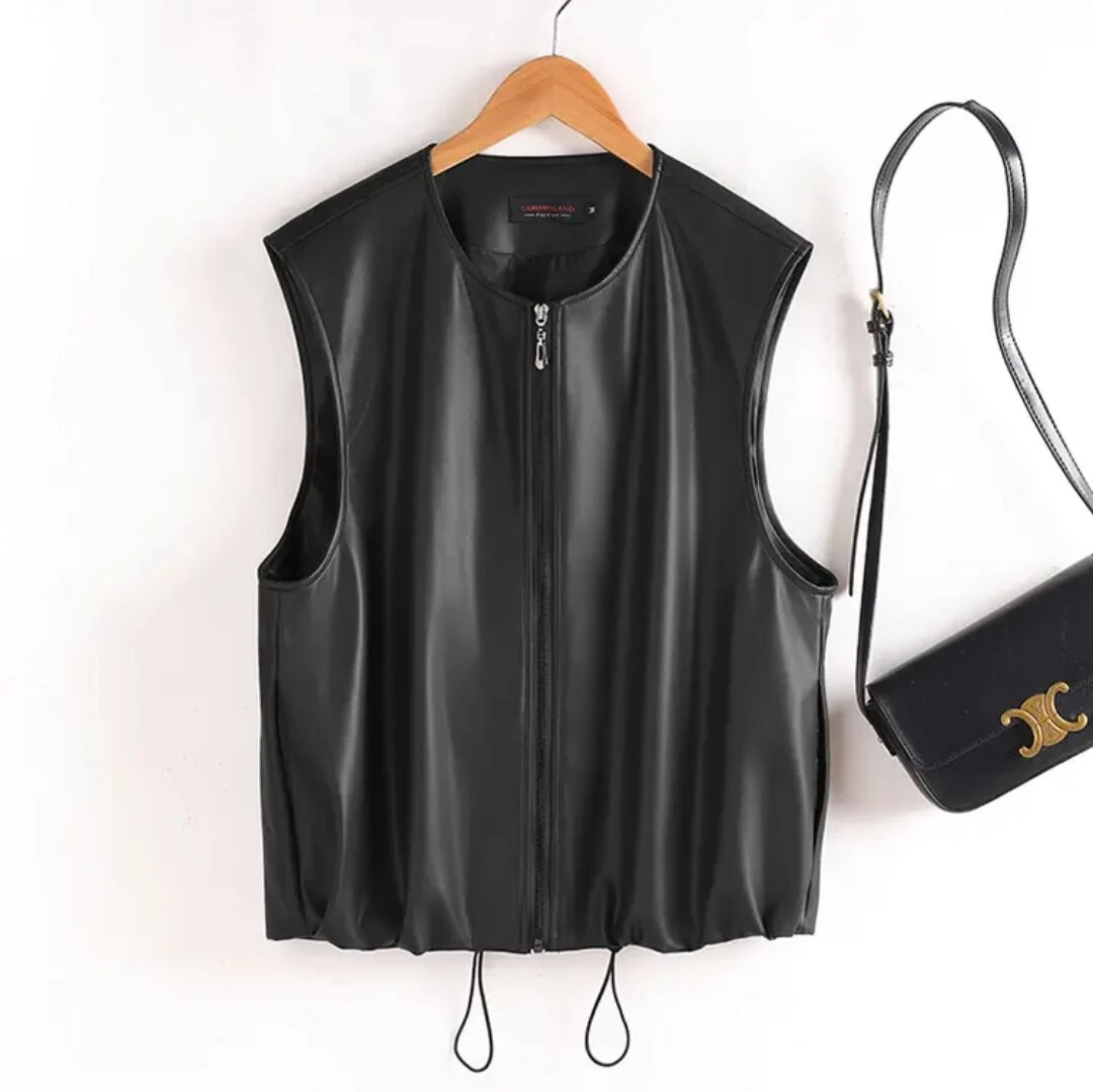 海宁上新皮衣圆领宽松型上衣无袖皮衣短款春秋百搭休闲外穿时尚