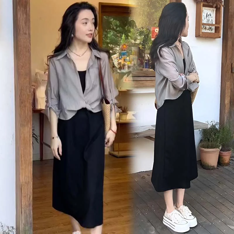 2025夏爆款时尚洋气女装气质百搭两件套小众高级感衬衣吊带裙套装