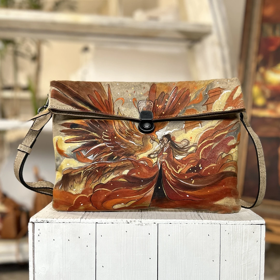 手绘信封包休闲国潮彩绘金色真皮女包单肩包斜挎包通勤包【10901】