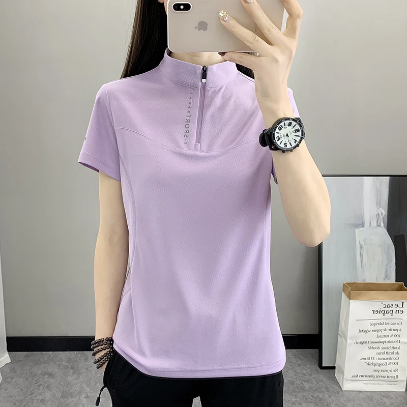 夏季薄款速干短袖T恤女户外运动跑步登山立领透气吸汗弹力打底衫