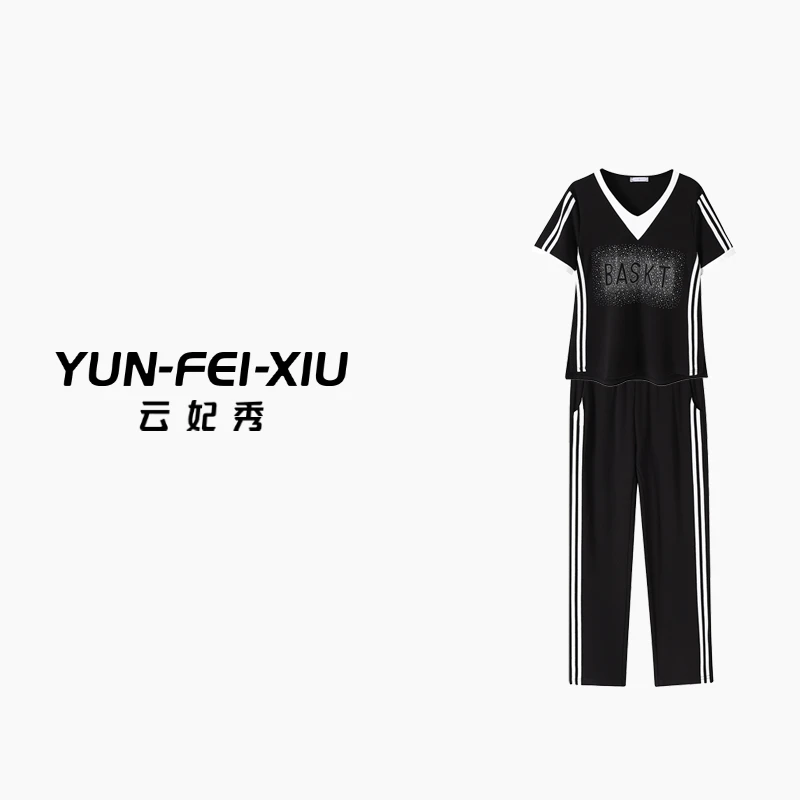 云妃秀大码女装套装休闲胖妹妹显瘦宽松上衣裤子两件套夏5010AB