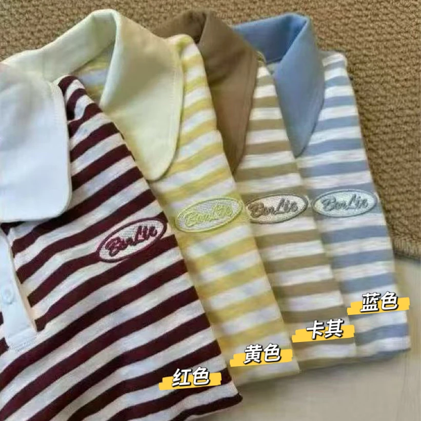 87036 韩系百搭Polo领条纹短袖T恤
