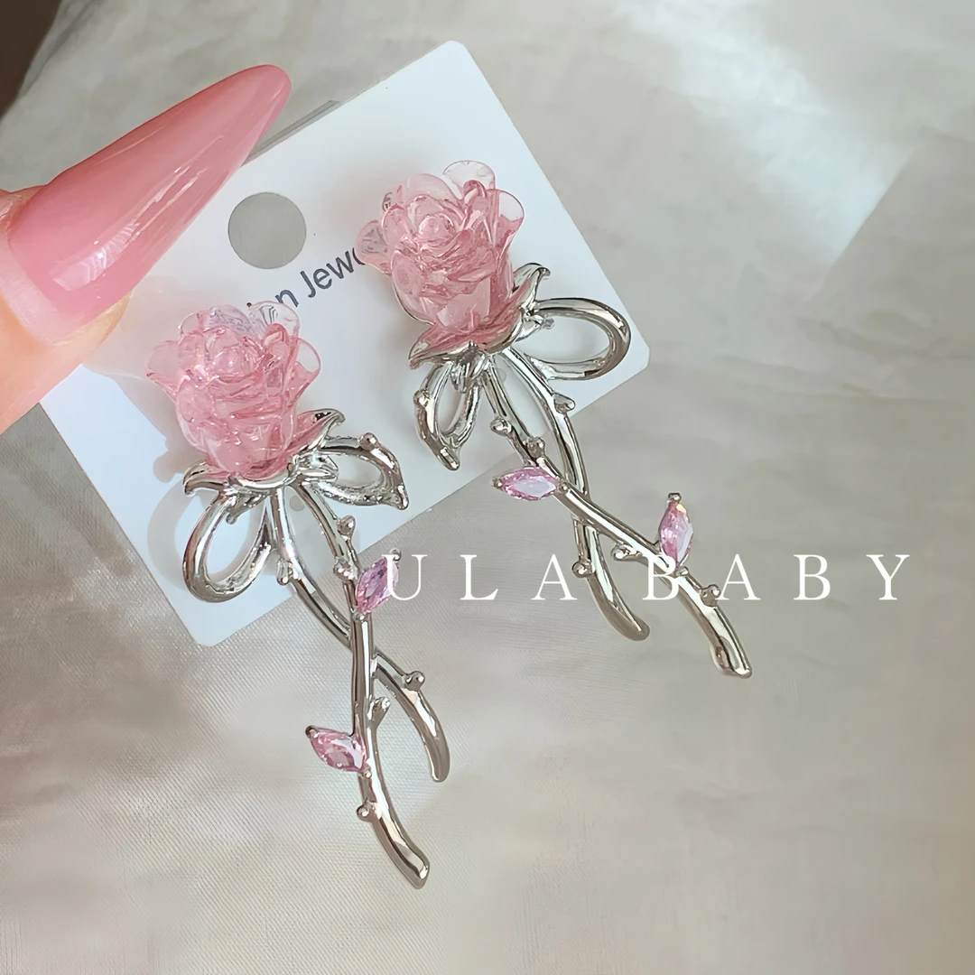 铜合金耳饰 【喜儿ula】8-29-2甜美气质淡粉玫瑰小众设计感耳钉