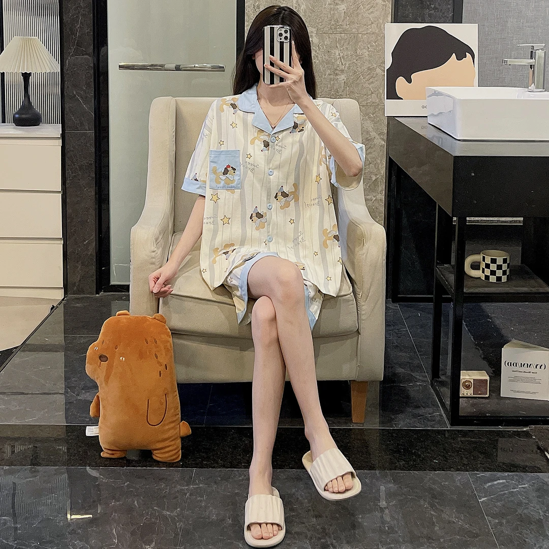 纯棉睡衣女夏季短袖大码凉感2025新款开衫小萌狗家居服可外穿套装