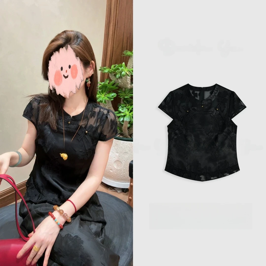 Davida Yu【黑玫】月黑见渔灯 孤光一点萤 短袖上衣 W51202