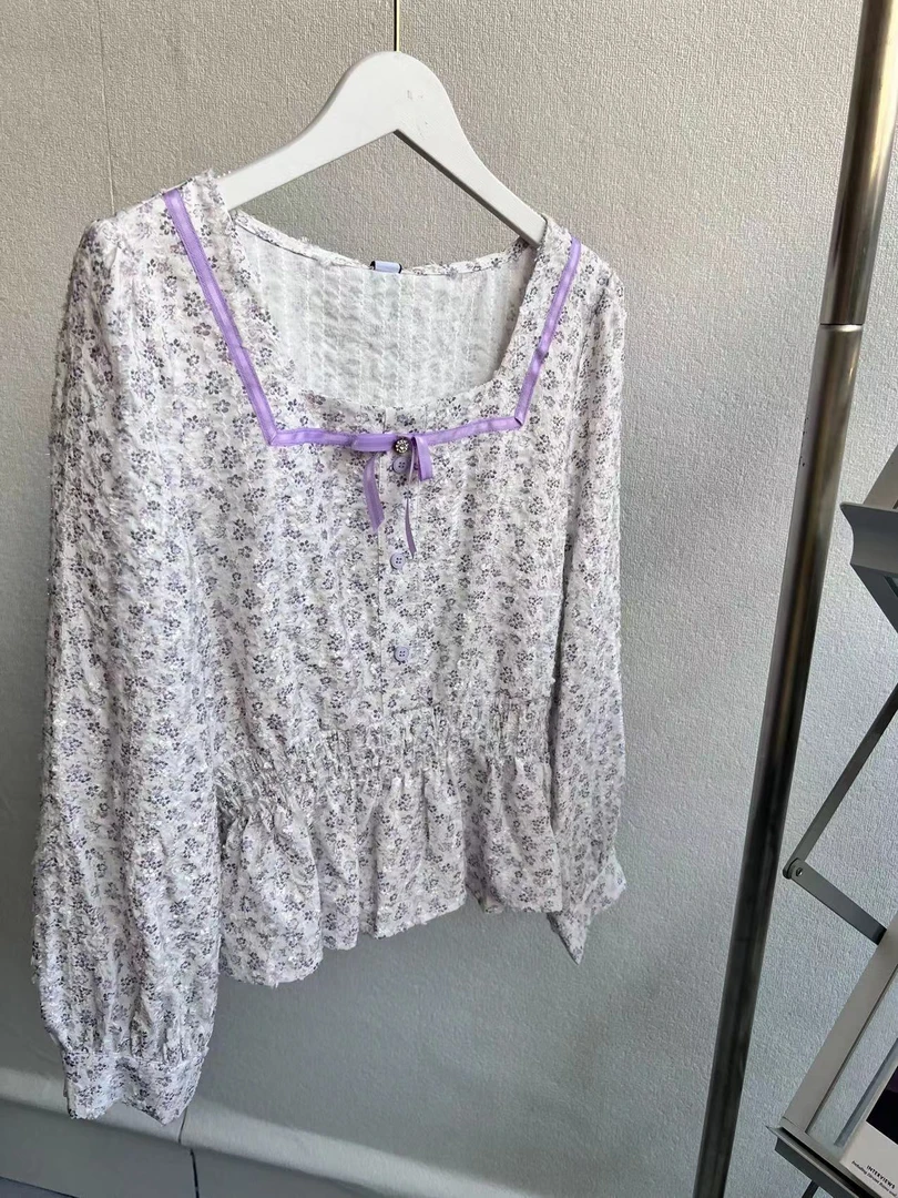 方领碎花圆领衬衣印花衬衫套头雪纺衫长袖A5-8