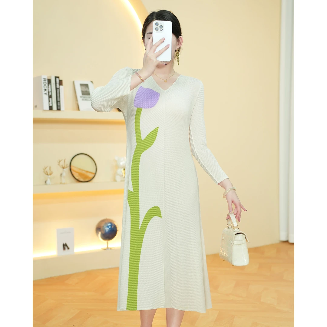 【欧洲站】 84366V领印花显瘦妈妈装连衣裙时尚洋气