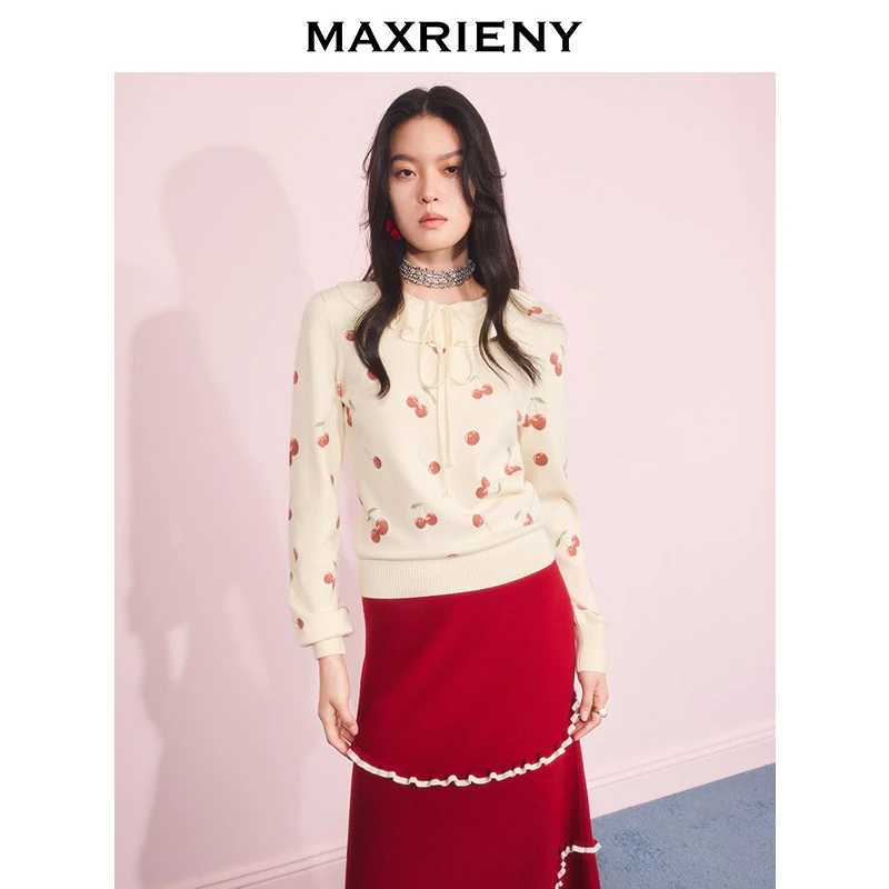 【早鸟提前购】MAXRIENY法式樱桃印花套头针织衫25冬收腰长袖上衣